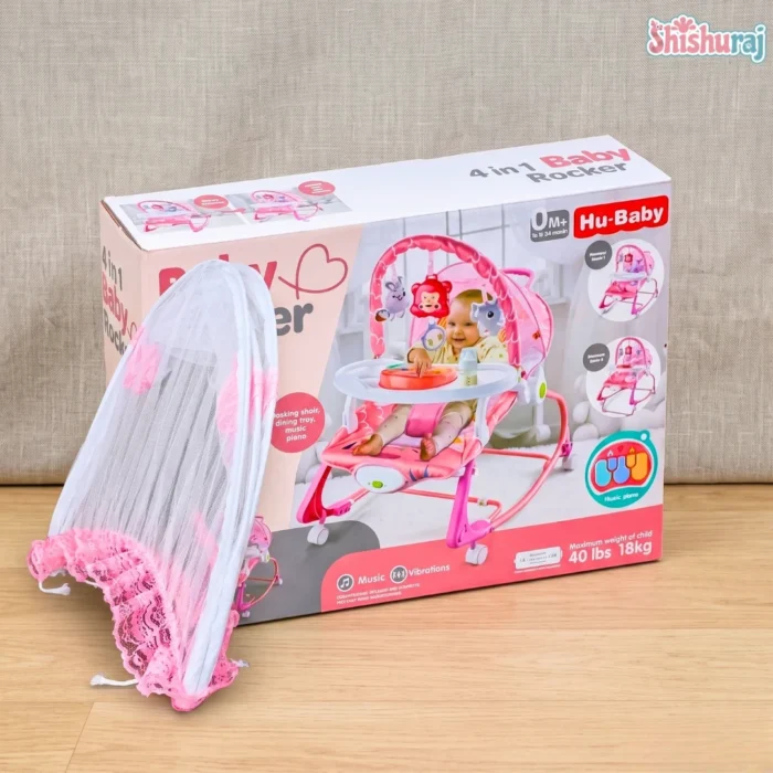 Hu Baby 4-in-1 Baby Rocking Chair With Mosquito Net | Music, Vibration, Wheels & Dining Tray | ShishuRaj - Image 4